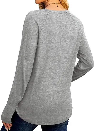 Womens Tunic Tops to Wear with Leggings Long Sleeve Thumb Hole Shirts Crew Neck Curved Hem