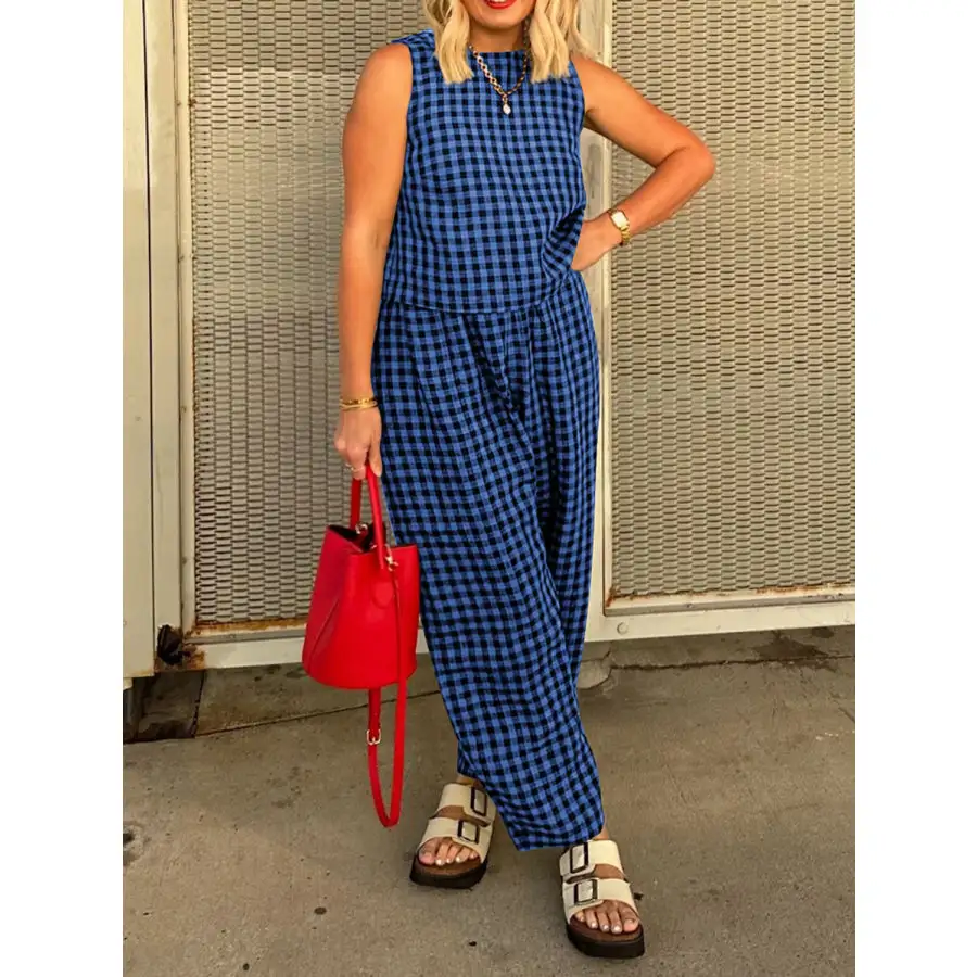 Lovelet Plaid Round Neck Sleeveless Top and Pants Set