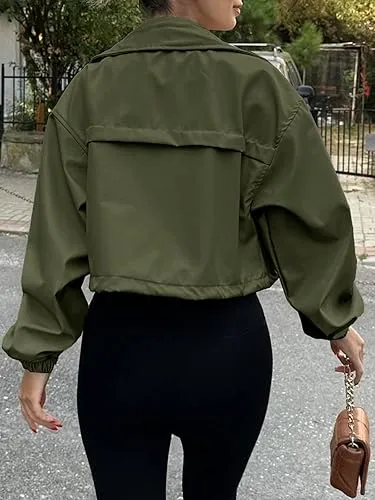 Women's Solid Zip Up Drawstring Hem Jacket, Casual Long Sleeve Collared Outerwear