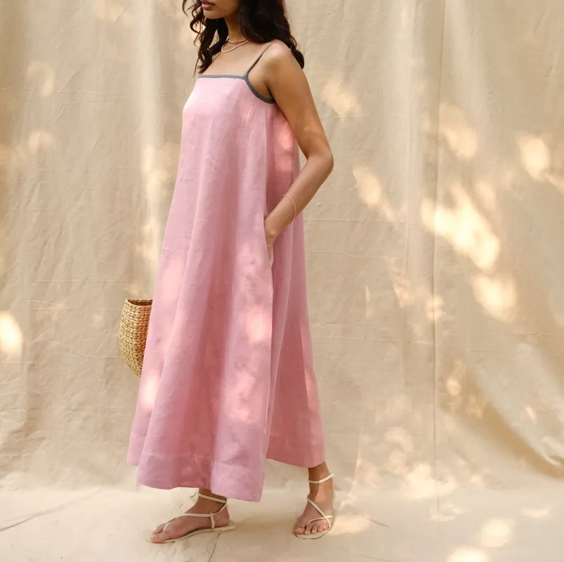 Dusty Pink Linen Flowy Maxi Dress