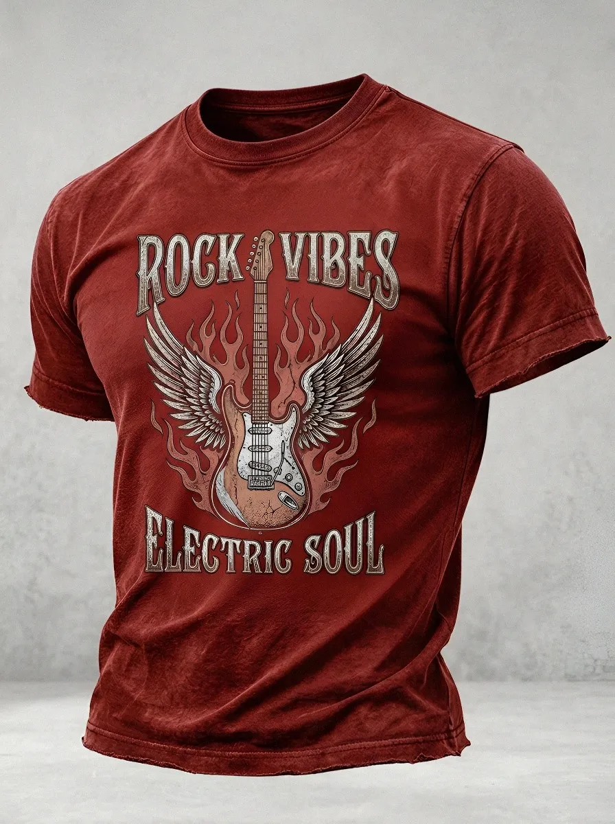 Men's Rock Music Lover Winged Electric Guitar Printed T-shirt