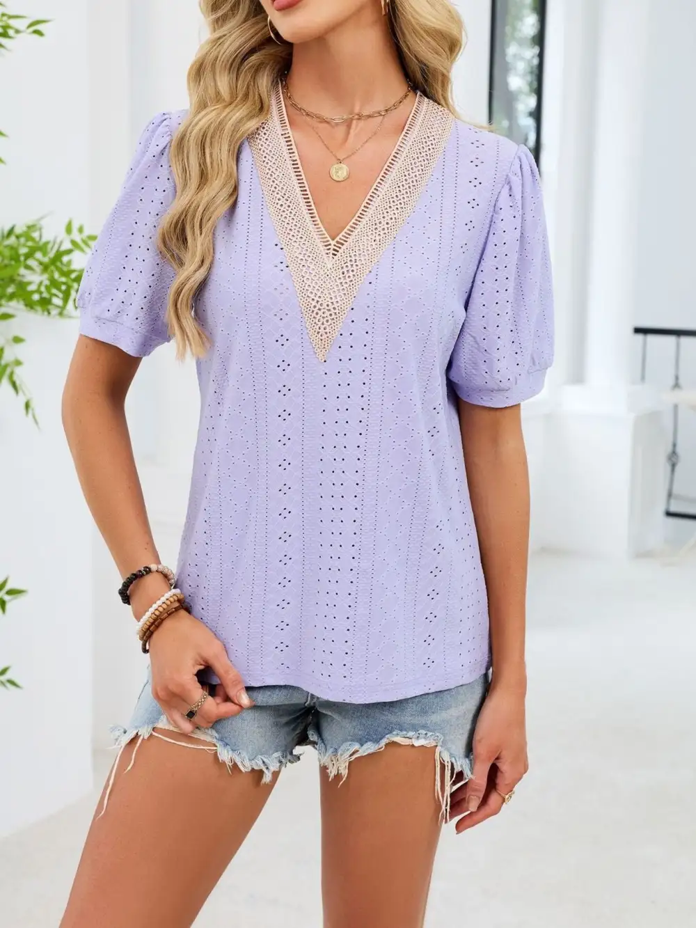 Refined V-Neck Short-Sleeve Lace-Detail T-Shirt