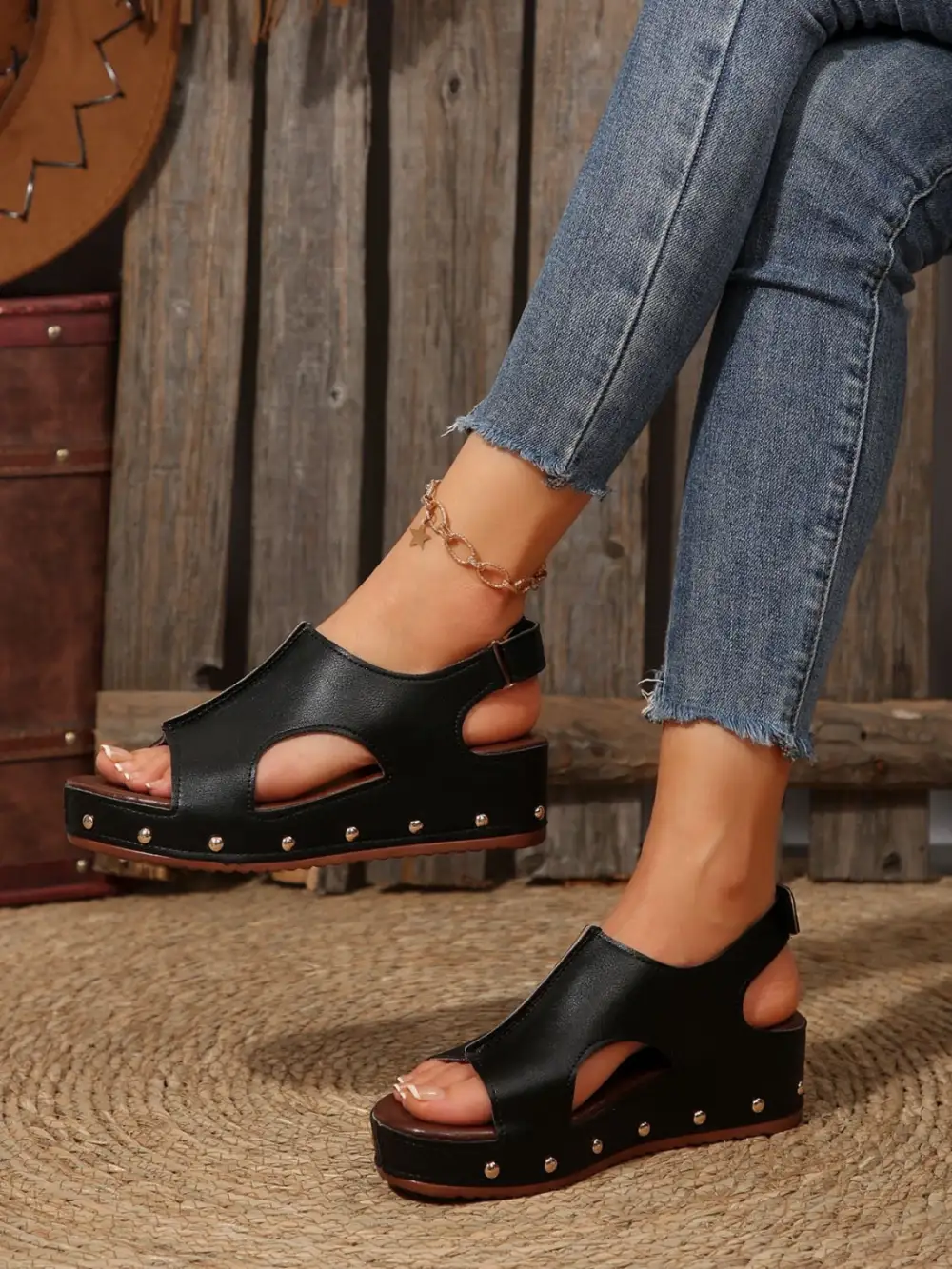 Pu Leather Studded Wedge Sandals