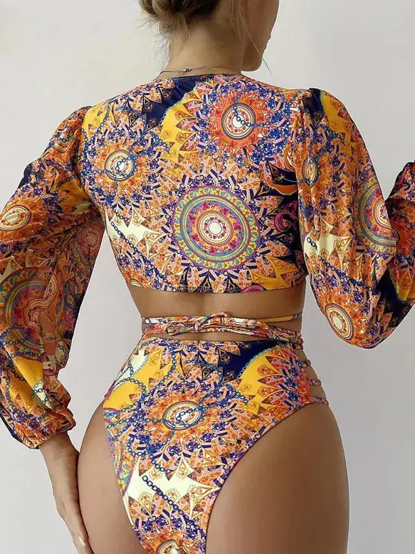 Ethnic Printed Mesh Long Sleeve Bikini Swim Set