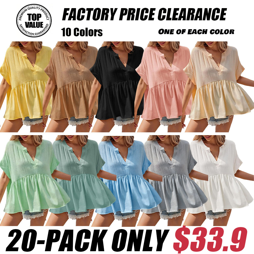 🔥 Women's Summer V-Neck Babydoll Tops | Short Sleeve Pleated Flowy Blouse