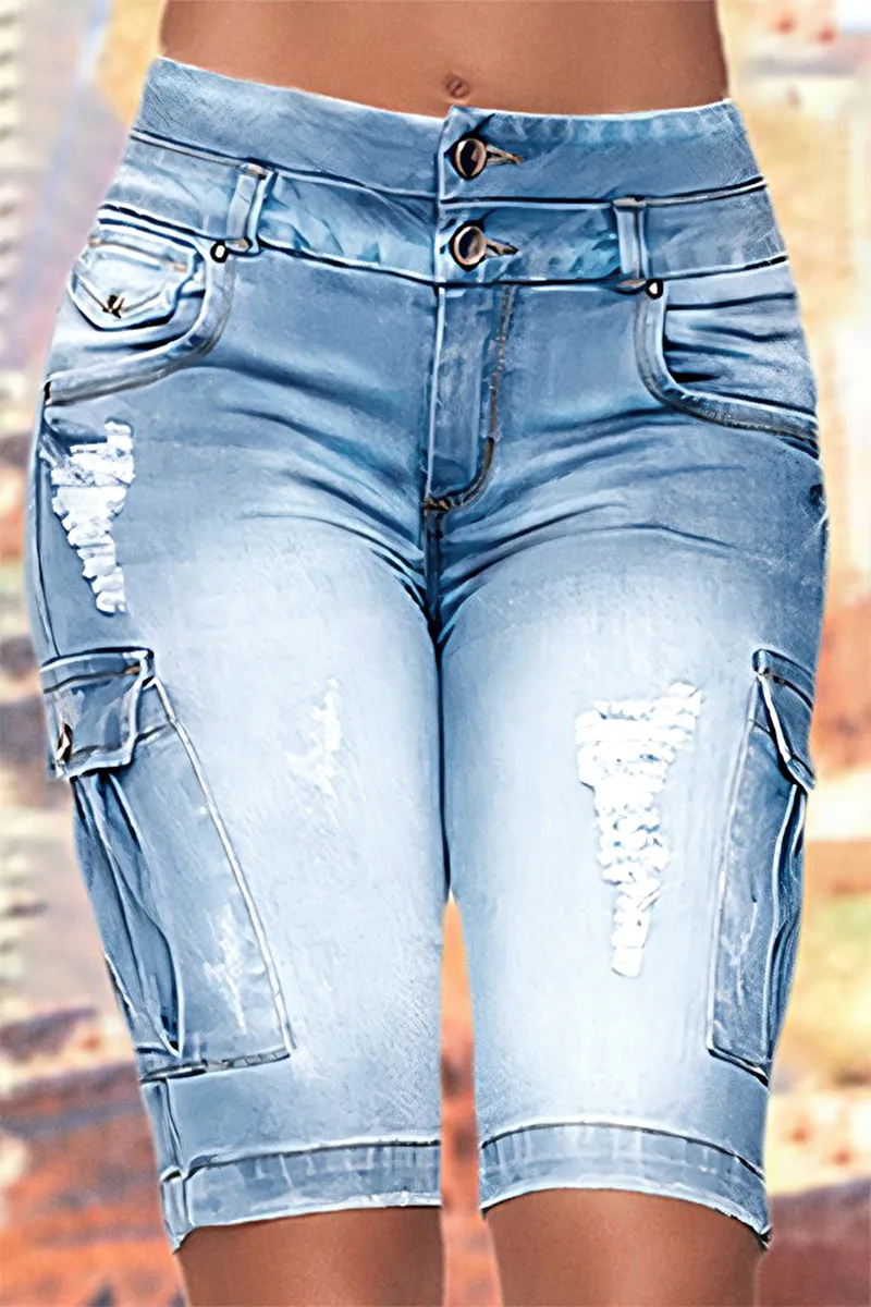 Ripped Flap Pocket Double Button Denim Shorts