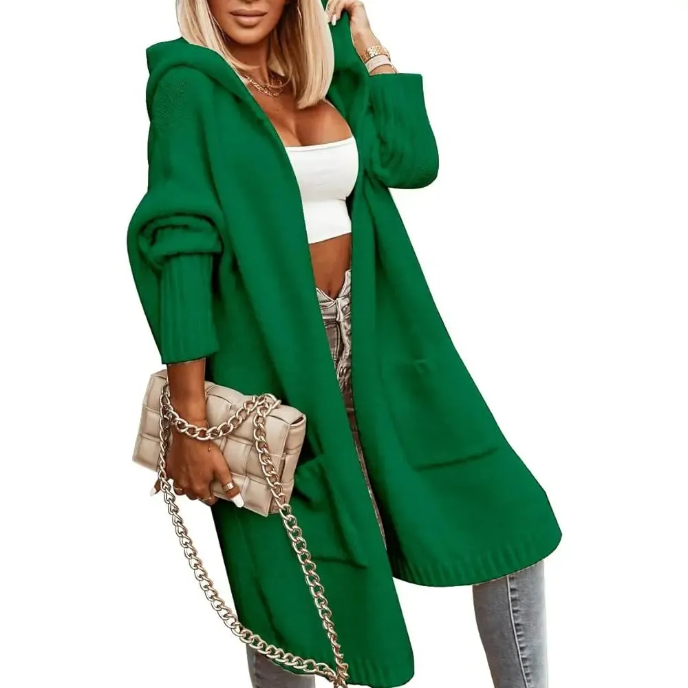 Women's Long Cardigans Cable Knitted Open Front Oversized Hooded Outerwear Sweater Coat