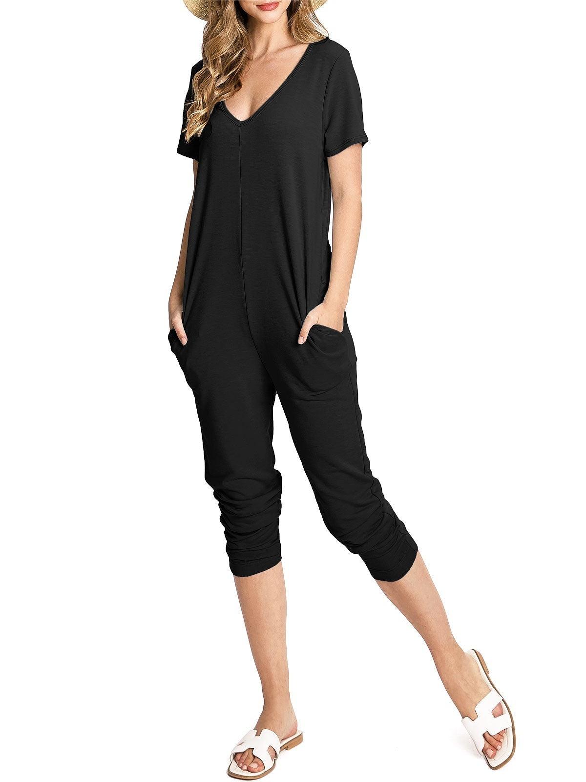 Black V - Neck Short - Sleeve Jumpsuit