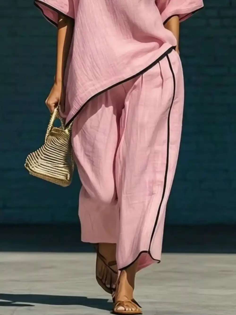 Full Size Contrast Trim Half Sleeve Top and Pants