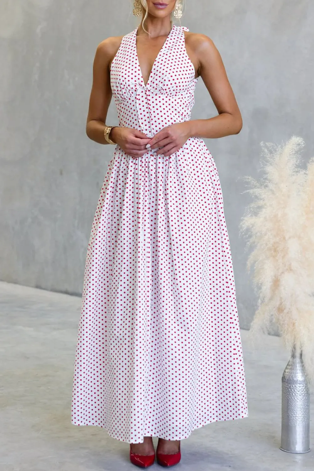 Backless Polka Dot Halter Neck Maxi Dress