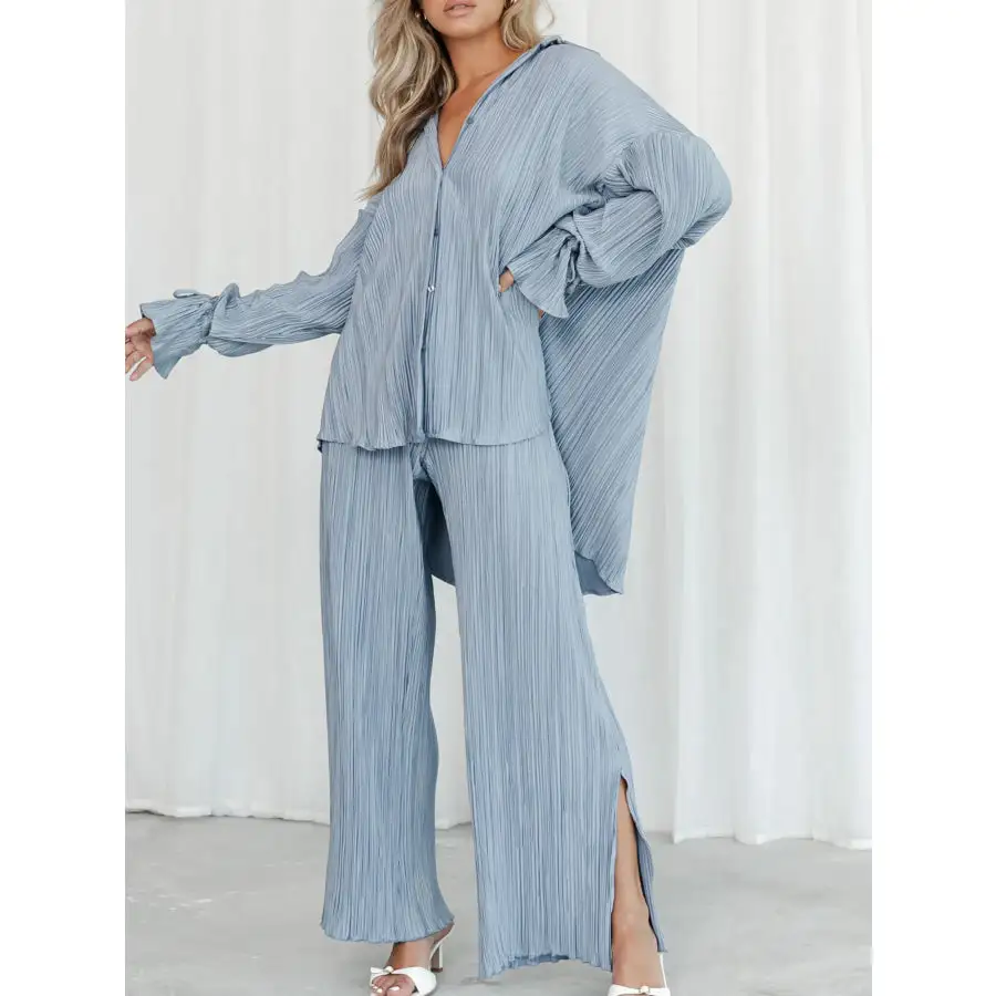 Button Up Long Sleeve Top and Pants Set