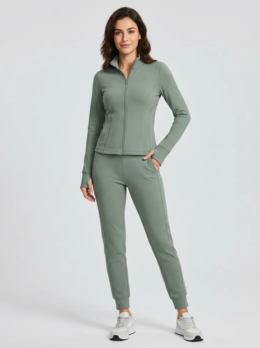 Women's Sage Green Zip-Up Zip-Up Jacket & Jogger Set