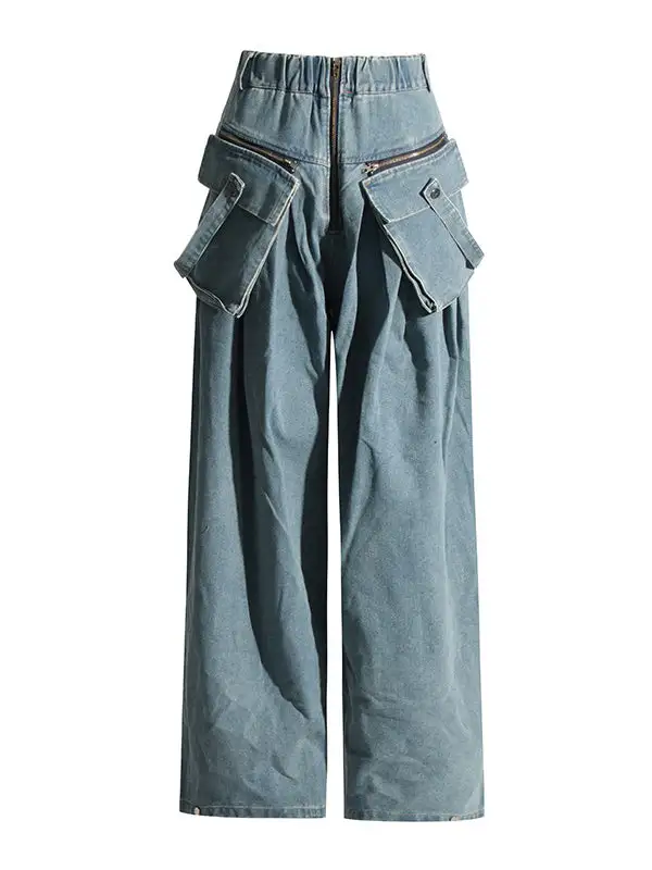Relaxed Fit Wide Leg Seamed Pleated Zip Detail Pocket Jeans