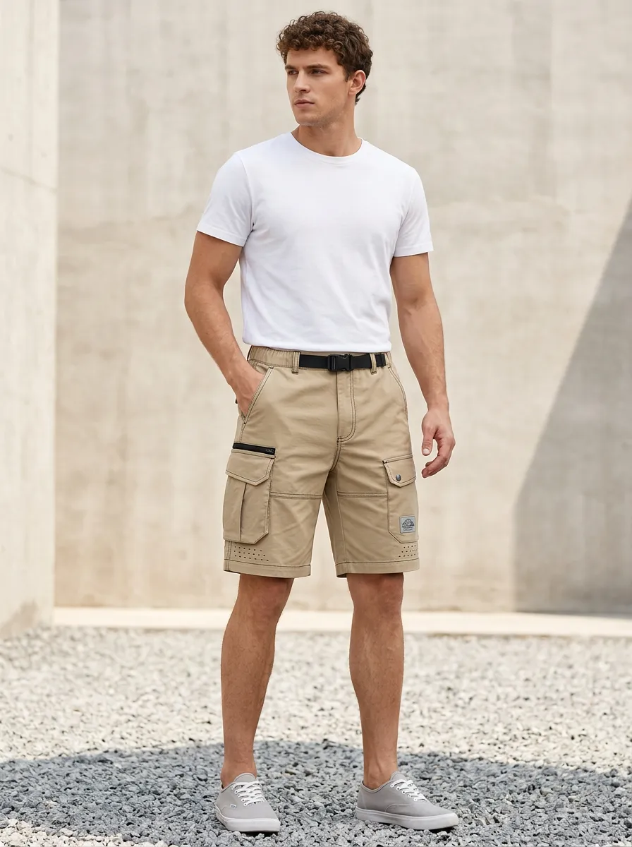 Men's Outdoor Utility Outdoor Hiking Multi-Pocket Belted Cargo Shorts