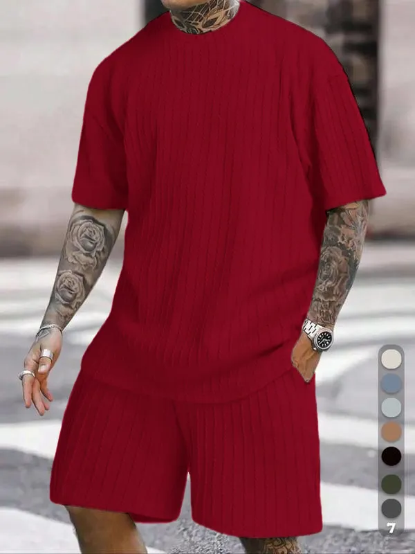 Men's Solid Textured Drop Shoulder Short Sleeve Tee & Drawstring Waist Shorts Set, Spring & Summer Clothes, Back To School Loose Casual Fashion Crew Neck T-shirt & Pocket Shorts for Daily Outdoor Wear, Men Outfits, Fall Outfits