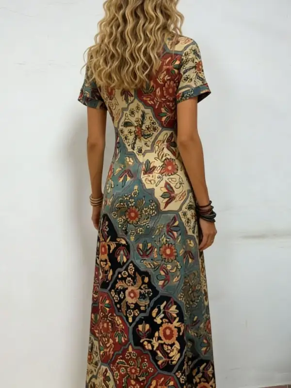 Neck V-Neck Short Sleeve Midi Dress