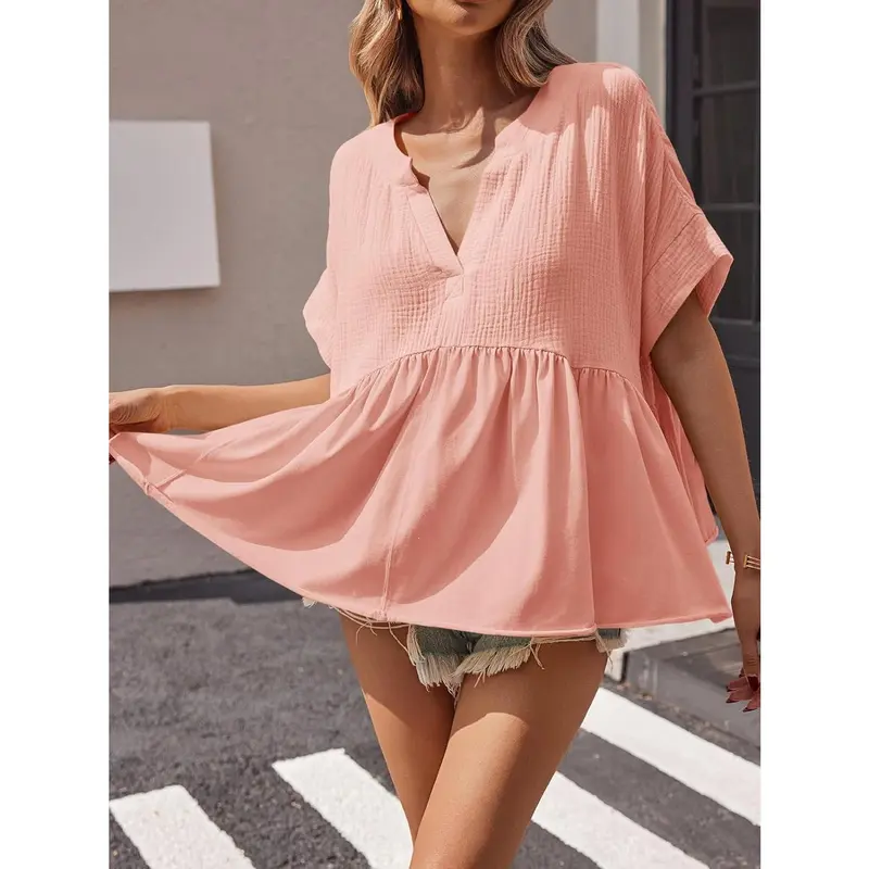 🔥 Women's Summer V-Neck Babydoll Tops | Short Sleeve Pleated Flowy Blouse