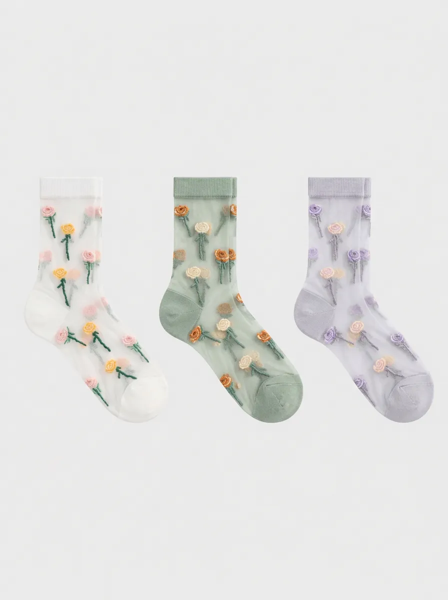 Women's Assorted Floral Embroidered Sheer Crew Socks 3-Pack