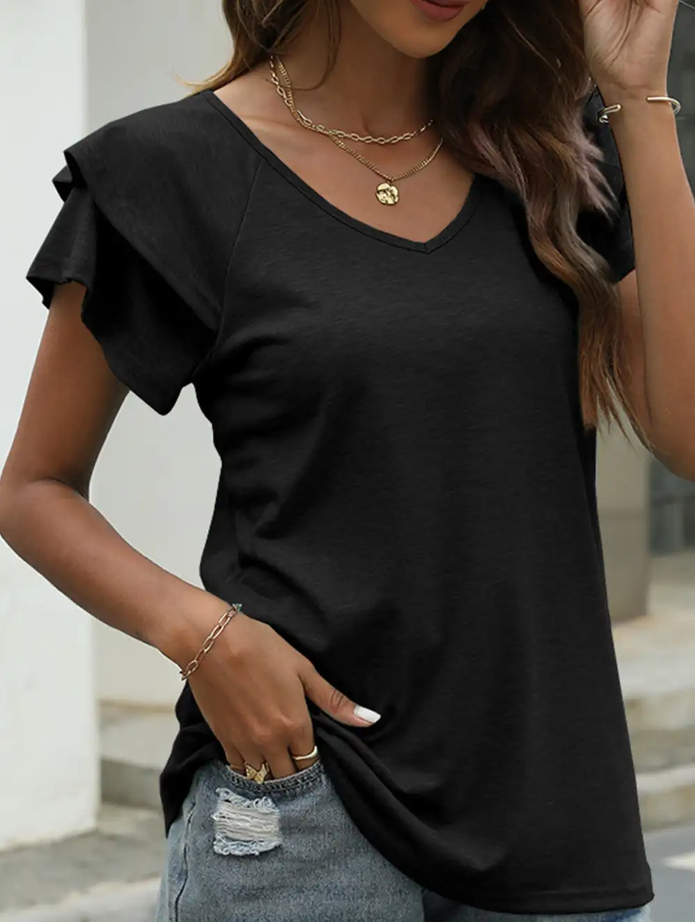 Solid Color V-Neck Ruffle Sleeve T-Shirt