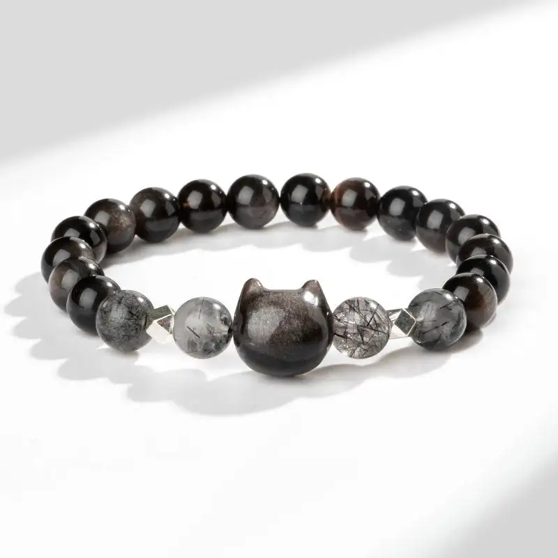 Natural Obsidian Cute Cat Head Bracelet