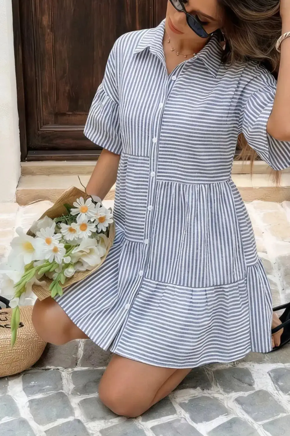 Striped Button Front Ruffle Mini Dress