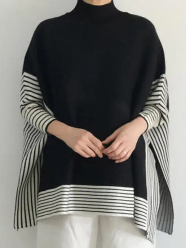Striped Split Hem Paneled High Neck Batwing Sleeve Sweater