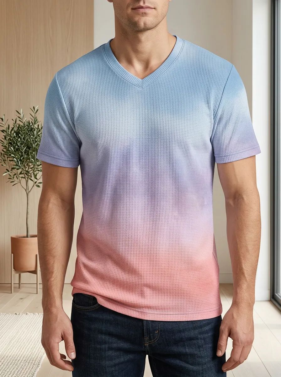 Men's Blue to Pink Ombre Waffle Knit V-Neck Printed T-Shirt
