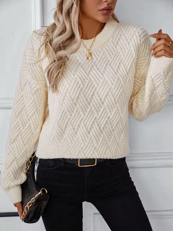 Paneled Round Neck Long Sleeve Relaxed Fit Pullover Sweater