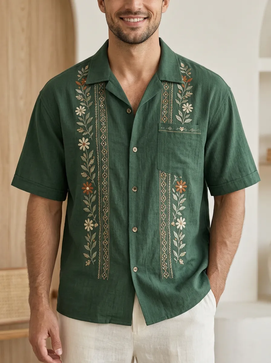 Men's Floral Boho Embroidered Button Down Shirt