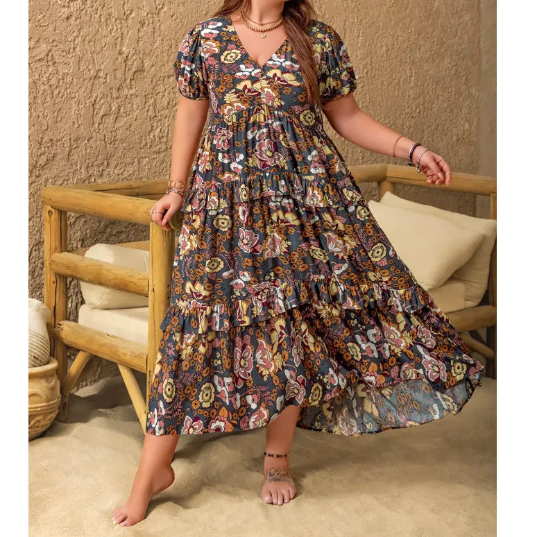 Plus Size V-Neck Short Sleeve Midi Dress