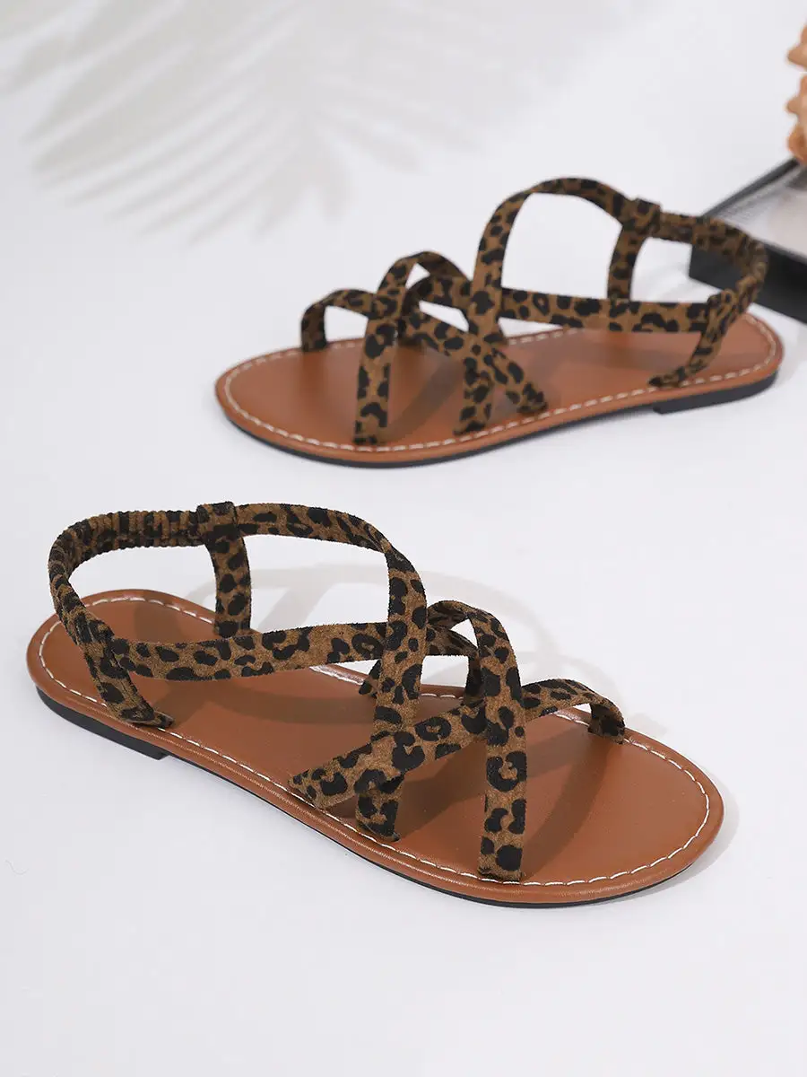 Leopard Open-Toe Strap Flat Sandals