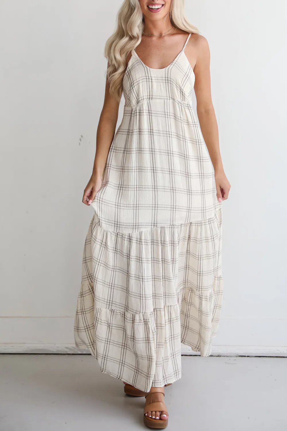 Grey Plaid Linen Maxi Dress