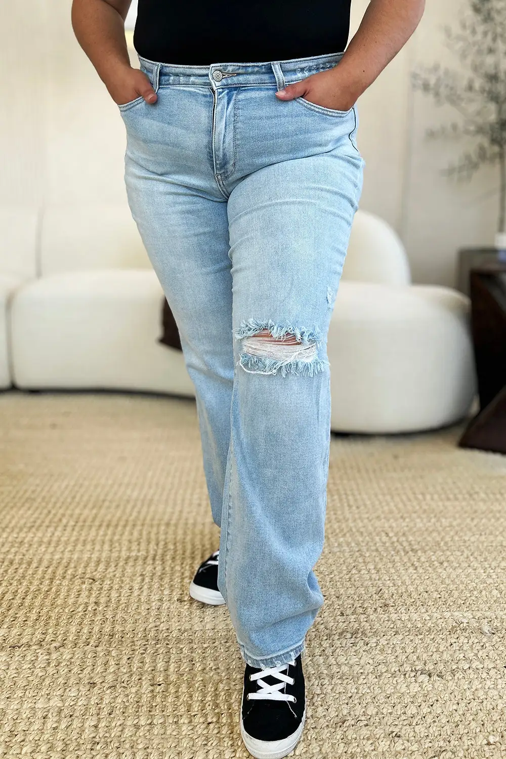 Modern High Waist Straight Leg Distressed Denim Jeans