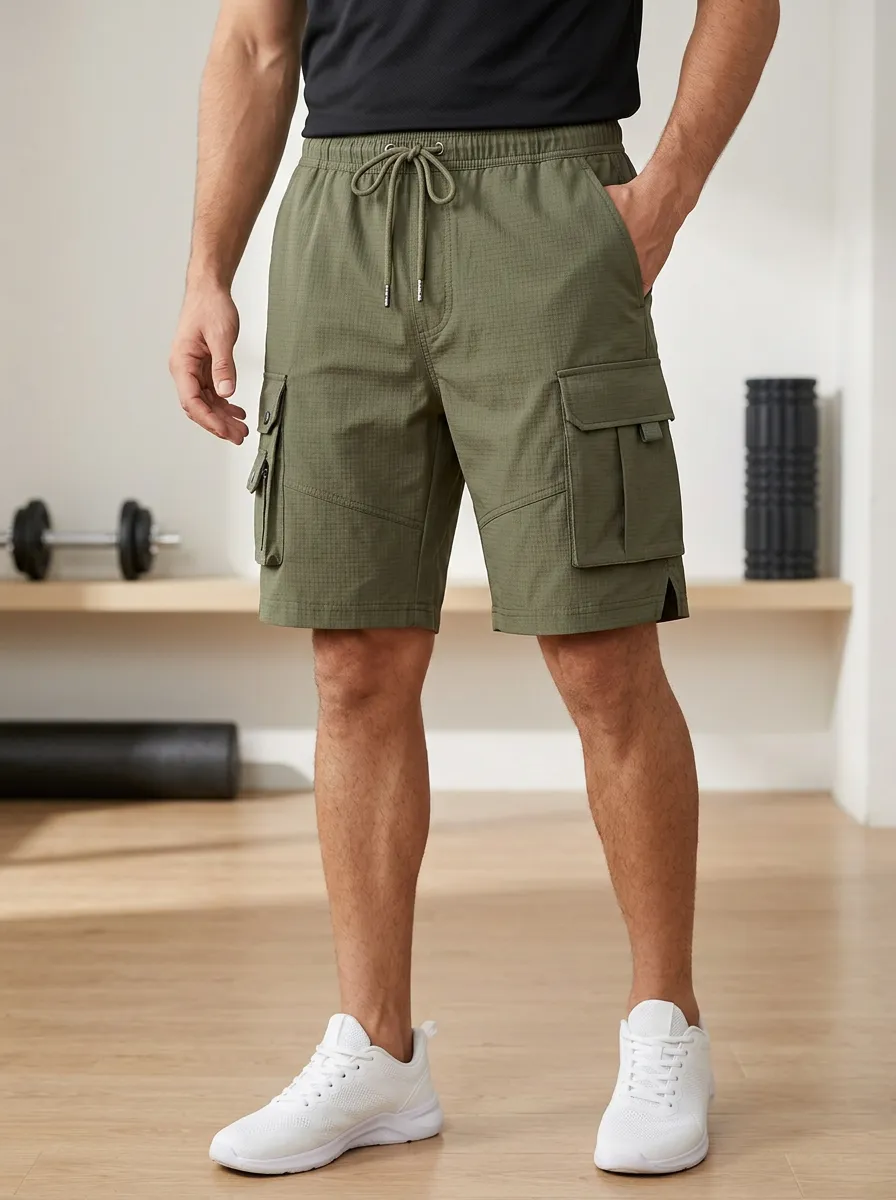 Men's Grid-Texture Cargo Shorts Drawstring