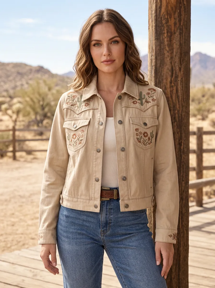 Women's Heritage Inspired Western Cactus Desert Floral Embroidery Floral Embroidered Jacket