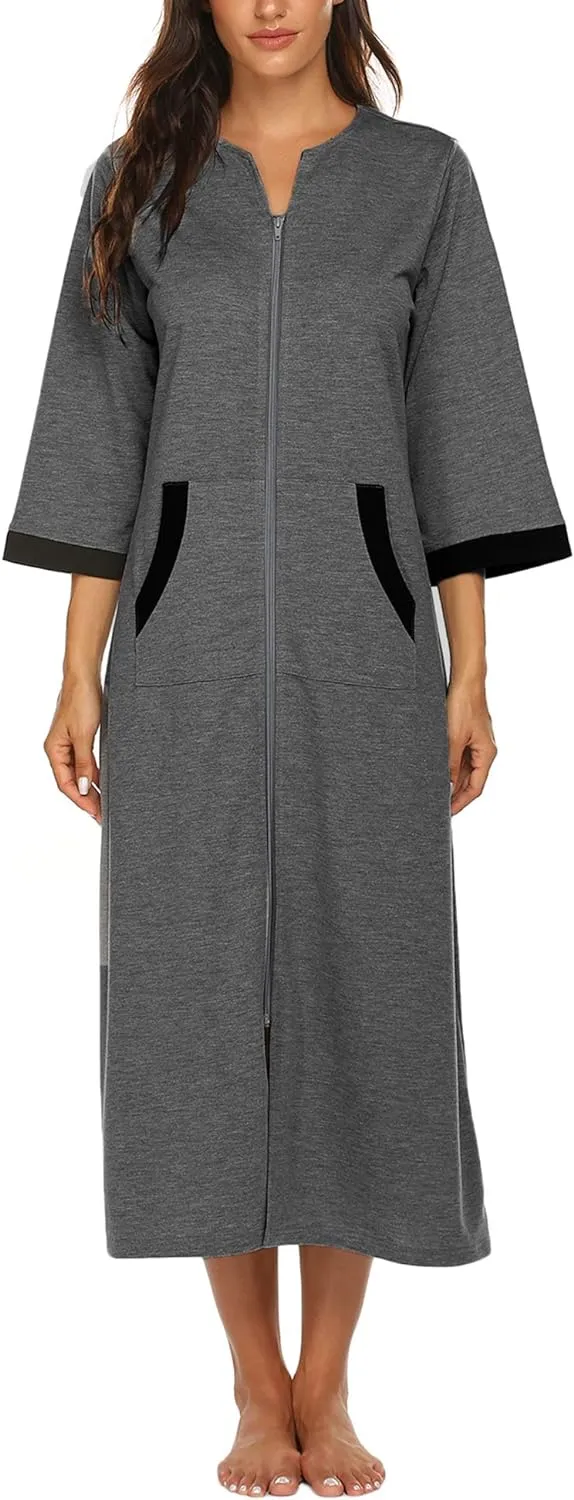 50% OFF Women Zipper Robe 3/4 Sleeves Loungewear Dress Full Length Sleepwear Pockets Housecoat Nightgown Long Bathrobe