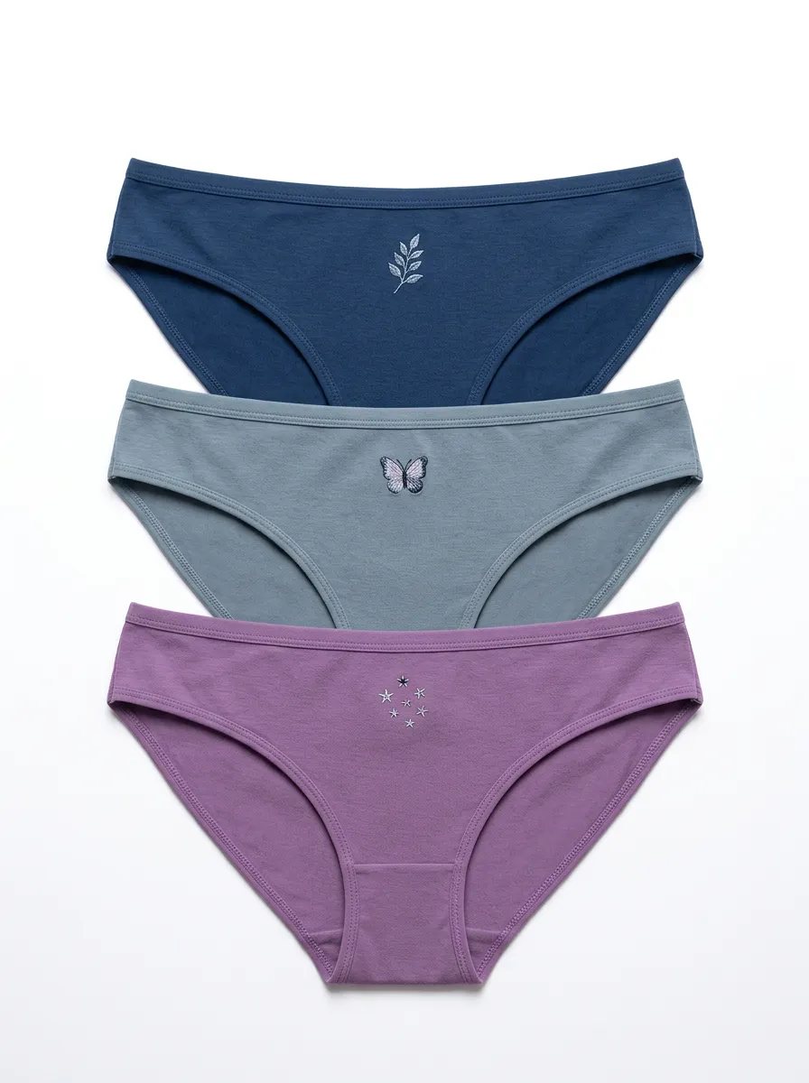 Women's Mid-Rise Center-Front Butterfly Leaf Embroidered Briefs Three Pack