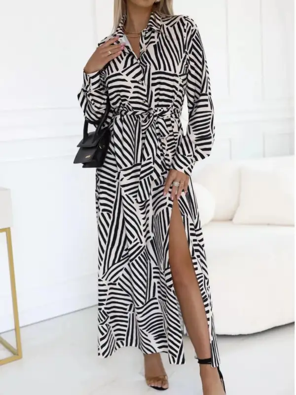 Geometric Print Belted Maxi Shirt Dress