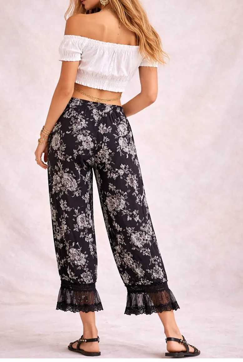Lace Hem Flocked Elastic Waist Lantern Pants