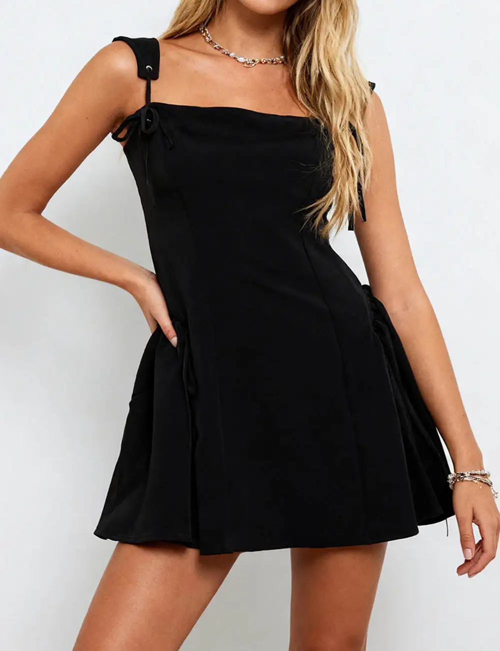 Chic Solid Color Bow Strap Puff Hem Mini Dress