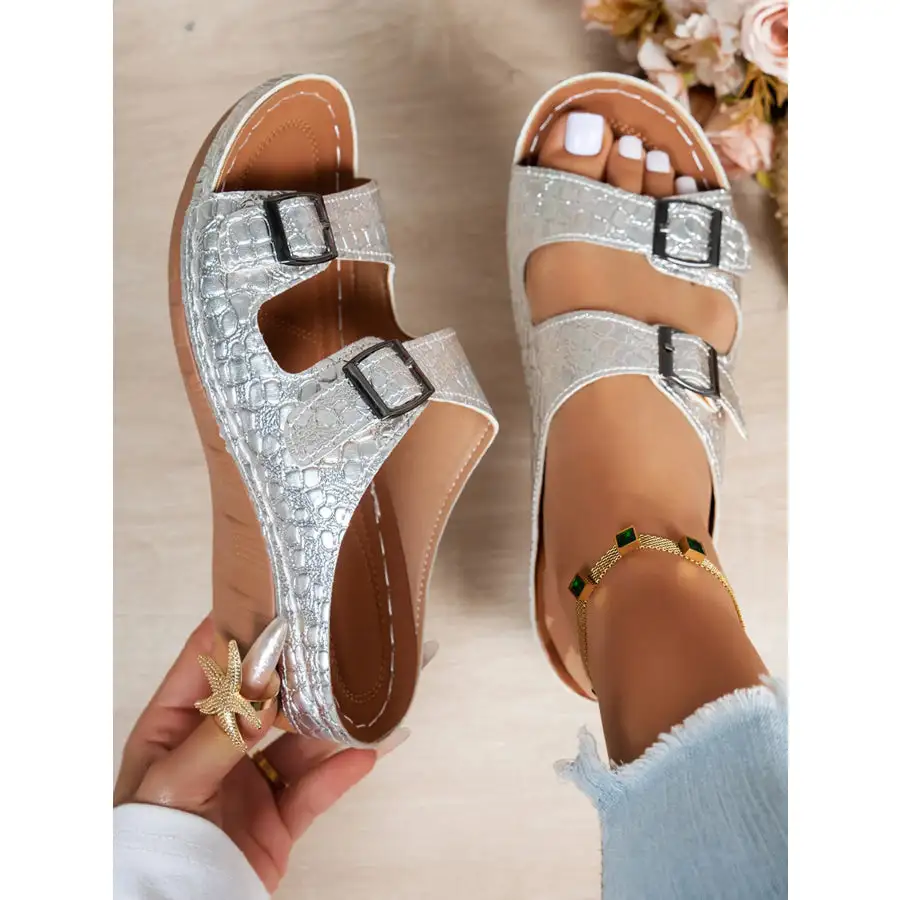 Double Buckle Wedge Sandals