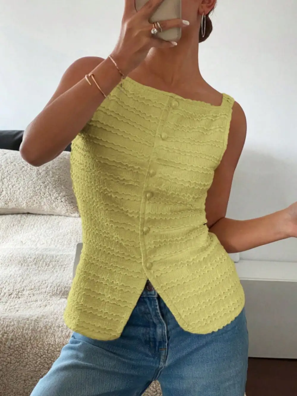 Textured Button Front Tank