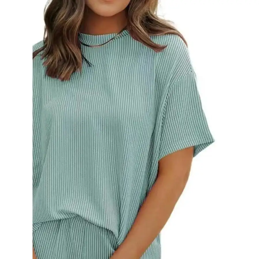 Ribbed Short Sleeve Top and Shorts Two Piece Set