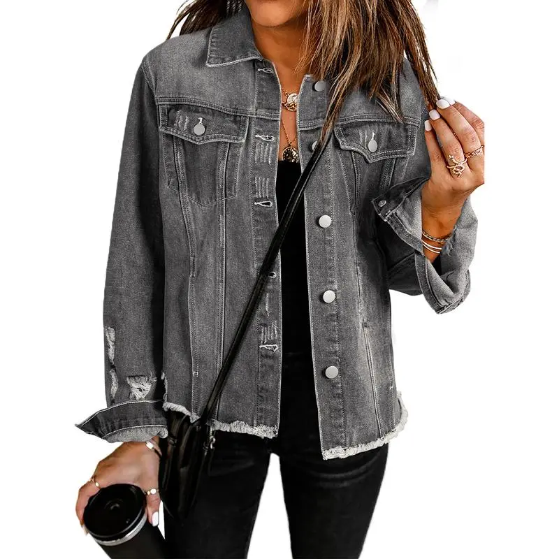Women's Jean Jackets Casual Non Stretch Boyfriend Washed Coats Distressed Ripped Lapel Long Sleeve Denim Outwear Tops 2025 Womenswear Fall Winter Outfits Fitted Basic