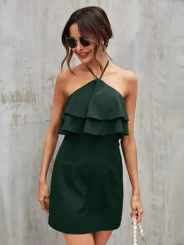 Women Solid Tiered Layer Tie Back Halter Dress