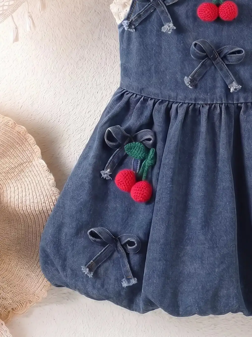 Girls Denim Cherry Applique Dress With Lace Trim