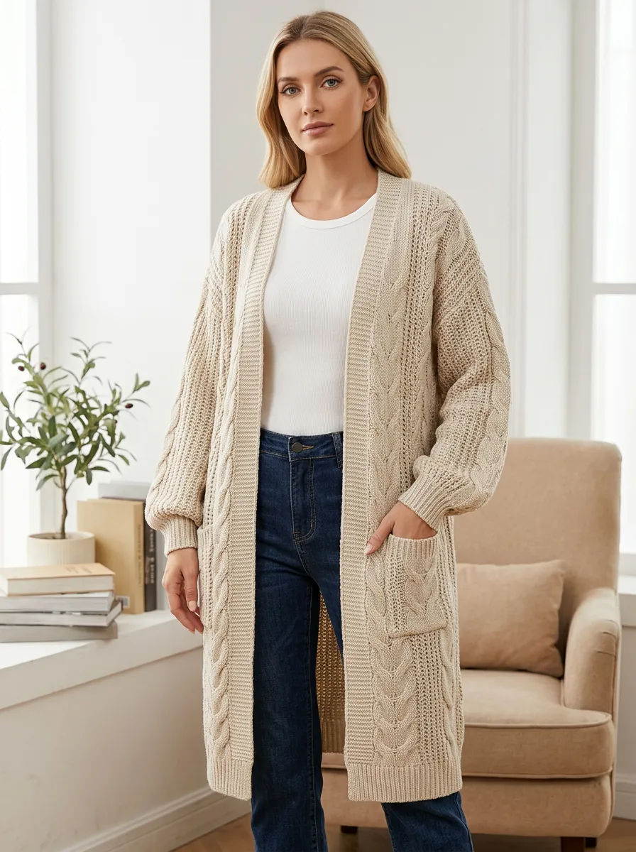 Women's Cable Knit Open-Front Open- Design Without Closures Long Cardigan