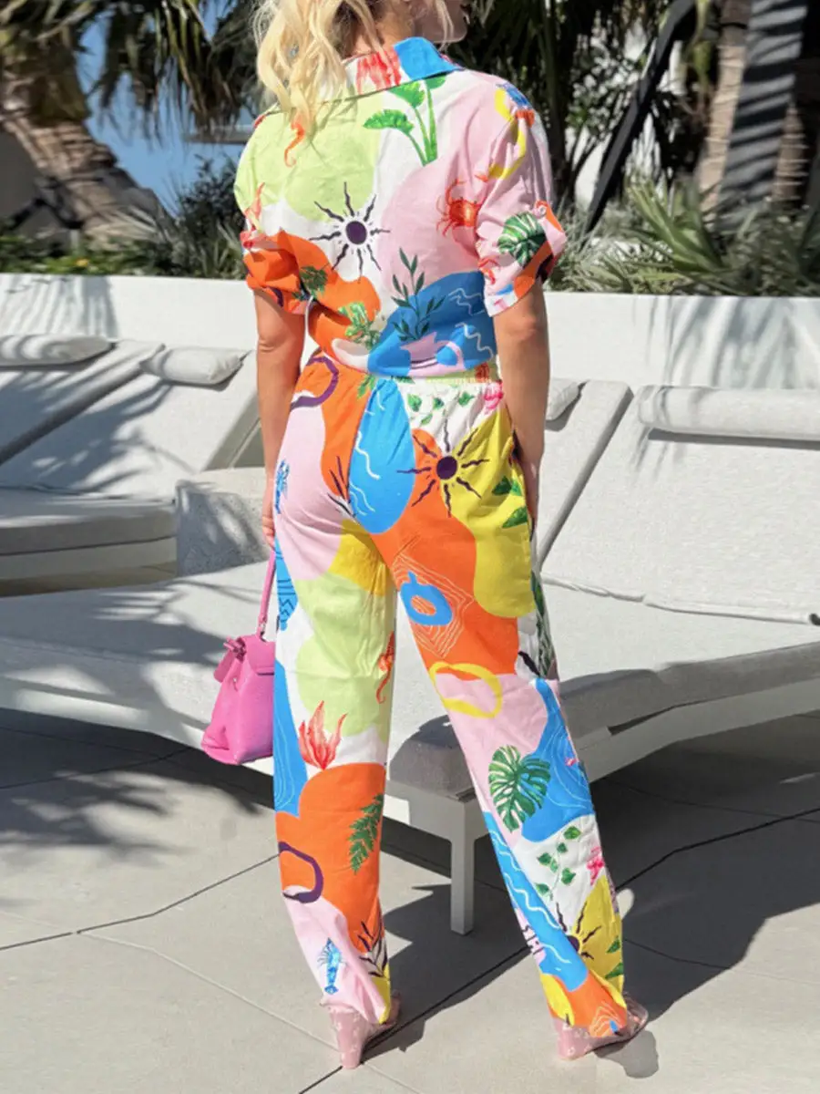 Print Panel Detail Blouse And Pants Set