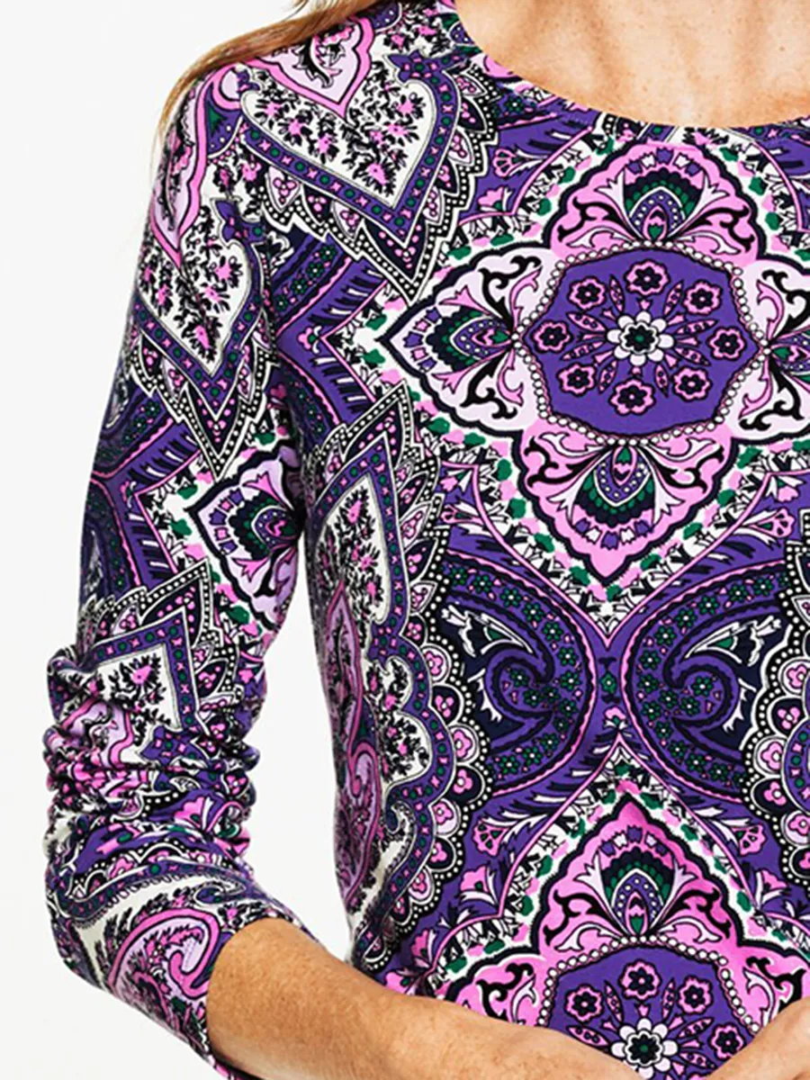 Women's Artistic Ornate Floral Patterned Long Sleeved T-Shirt