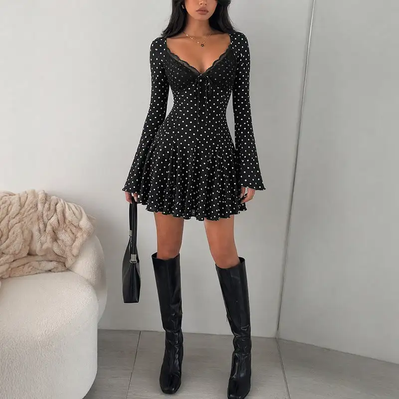 Women's Bodycon Long-Sleeve Lace Polka-Dot Mini Dress
